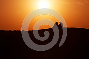 Desert nomads on the crest of a barchan at sunset