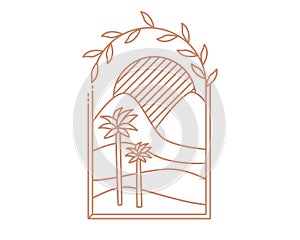 Desert oasis brown boho logo. sand, sunset, palm landscape aesthetic line icon.
