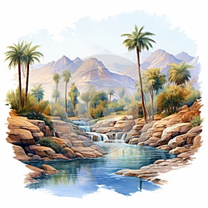 Desert Oasis: A Hyper Realistic Watercolor Artwork With Mountainous Landscape