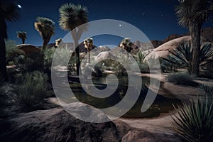 desert oasis with moon and stars in the night sky
