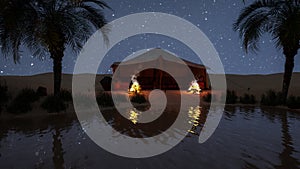 Desert oasis at night with Bedouin tent and stars in the sky. 3D illustration