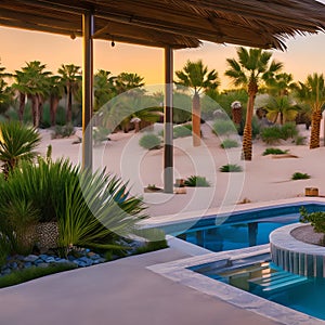 A desert oasis with a palm grove, a pool, and a covered patio4, Generative AI
