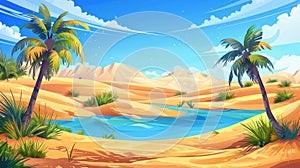 In the desert, oasis with palm trees and lake. Landscape with sand dunes, grass, water, and green plants, modern cartoon