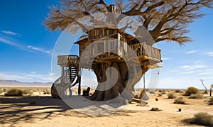 A Desert Oasis: A Solitary Tree House Amidst the Arid Sands. A tree house in the middle of the desert