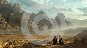A desert oasis surrounded by mystical mountains where a group of sorcerers gather to discuss and unravel the deep layers photo