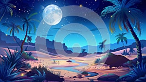 A desert oasis under a full moon starry sky. Cartoon landscape river, sand dunes, palm trees and plants, modern parallax