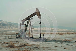 Desert oil well against a mountainous backdrop showcasing industrial activity