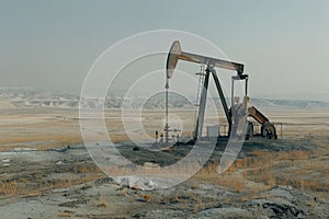 Desert oil well against a mountainous backdrop showcasing industrial activity