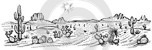 Desert panorama landscape, vector illustration. Arizona line sketch with cactuses and rocks.