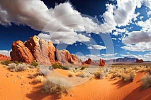 desert panorama with red rock formations and sky