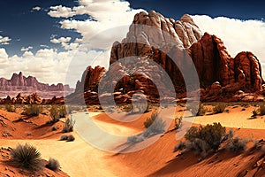 desert panorama with red rock formations and sky