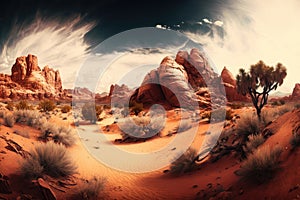 desert panorama with red rock formations and sky