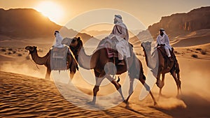 Through the desert, people riding camels are dressed in traditional white oriental garb.