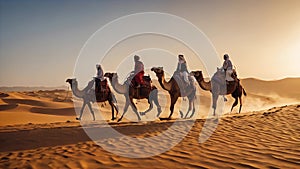 Through the desert, people riding camels are dressed in traditional white oriental garb.