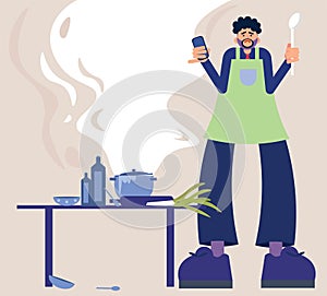 Flat style vector illustratio of a male character. Confused business man in apron photo