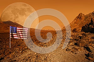 Desert planet with arid landscape background with USA flag. Elements of this image furnished by NASA