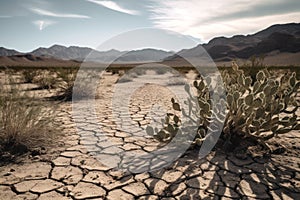 desert plants in drought cracked ground generative ai