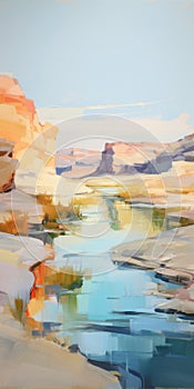 Desert River: A Vibrant Painting Of Badlands On Water