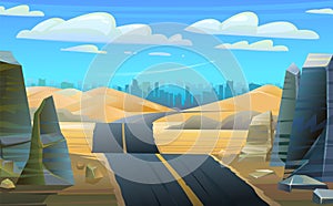 Desert road. Blue big city in distance on horizon. Landscape of southern countryside. Large dunes and hills. Way to