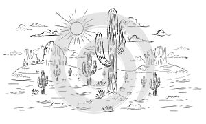 Desert road panorama landscape, vector illustration.