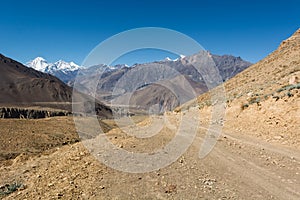 Desert road towards mountains.