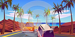 Desert road traffic to sea shore illustration