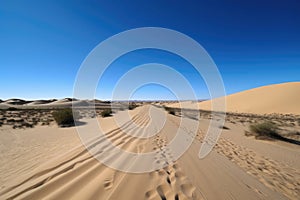 desert road trip with towering sand dunes and clear blue skies