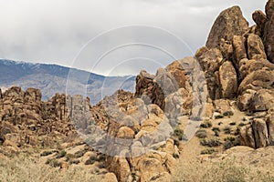 Desert rock formations in Alabama Hills, Sierra Nevada mountain valley, California, USA