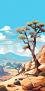 Desert Rocks: A Pop Art-inspired Illustration Of A Lone Pine Tree