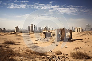 desert ruin, with view of modern city in the distance, symbolizing the past and present