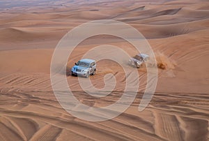 Desert safari on jeeps near Dubai. Emirates