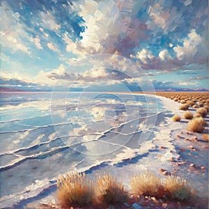 A desert salt flat with a reflective, ephemeral lake. landscape, Nature Painting
