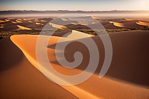 Desert sand dunes at sunrise Capture the landscape from a bird's eye view made with generative ai