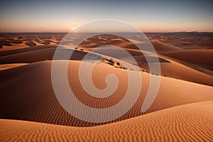 Desert sand dunes at sunrise Capture the landscape from a bird's eye view made with generative ai