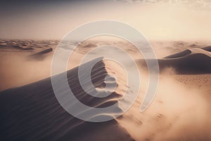 Desert sand landscape. Atmospheric scenic imaginary view. Clouds and sandstorm. Generative AI photo