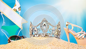 Desert Sand Ocean wind Diamond Crown put into Deep blue sky nature hot tropical island for Miss Beauty Pageant Contest Competition