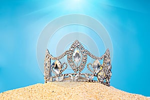 Desert Sand Ocean wind Diamond Crown put into Deep blue sky nature hot tropical island for Miss Beauty Pageant Contest Competition