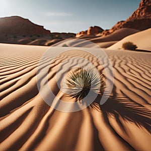 a desert with sand and small green plant growing from the middle