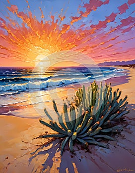 Desert sands give way to vast ocean, cactus silhouttes with long shadows, orange glow in the restless sea, sunset, painting art photo