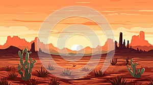 Desert sandy landscape with cactuses, sunset. Desert dunes vector background