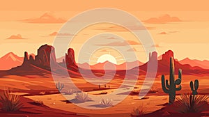 Desert sandy landscape with cactuses, sunset. Desert dunes vector background