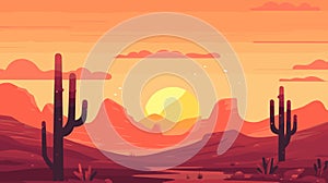 Desert sandy landscape with cactuses, sunset. Desert dunes vector background