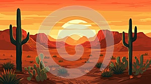 Desert sandy landscape with cactuses, sunset. Desert dunes vector background