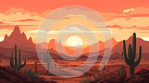 Desert sandy landscape with cactuses, sunset. Desert dunes vector background