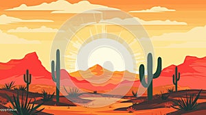 Desert sandy landscape with cactuses, sunset. Desert dunes vector background