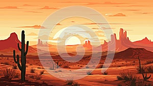 Desert sandy landscape with cactuses, sunset. Desert dunes vector background