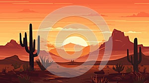 Desert sandy landscape with cactuses, sunset. Desert dunes vector background