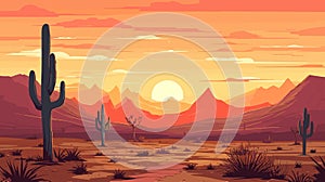 Desert sandy landscape with cactuses, sunset. Desert dunes vector background