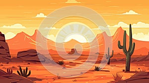 Desert sandy landscape with cactuses, sunset. Desert dunes vector background