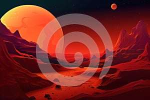 a desert scene with a red moon and a distant planet in the distance with rocks and rocks on the ground and a red sky with a few